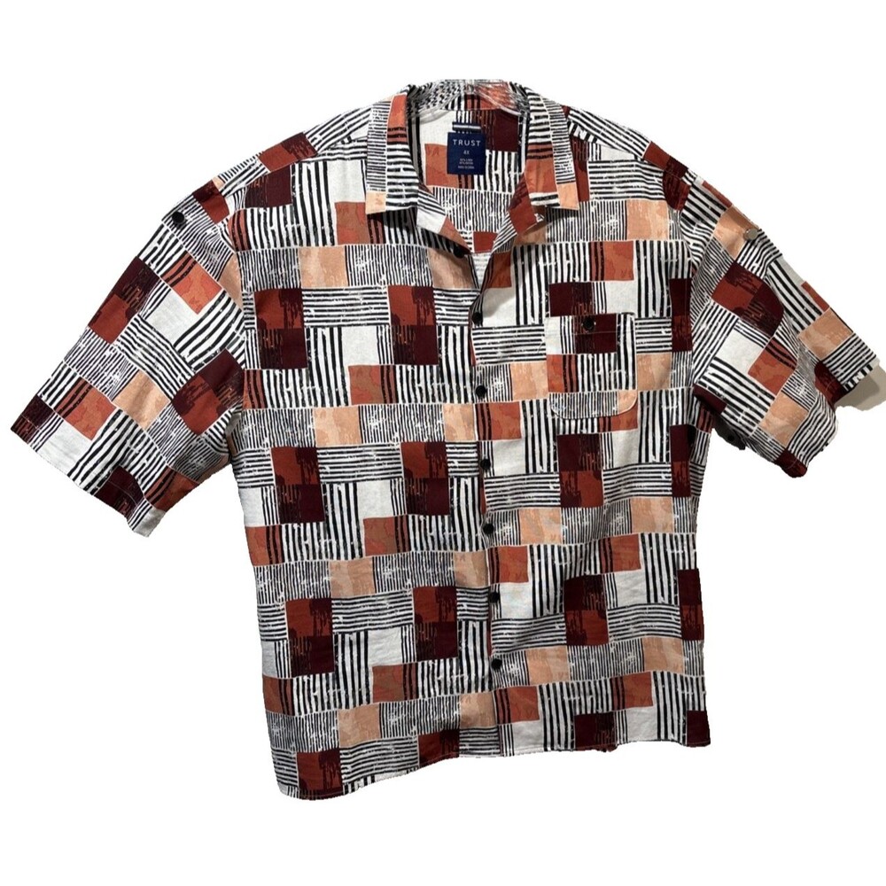 4XL Trust Short Sleeve Camp Shirt Linen Blend Canvas Geometric Brown/White